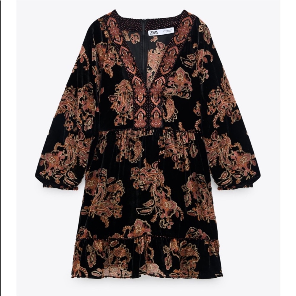Zara Black Floral Velvet Ruffle Mini Dress NWT size Large